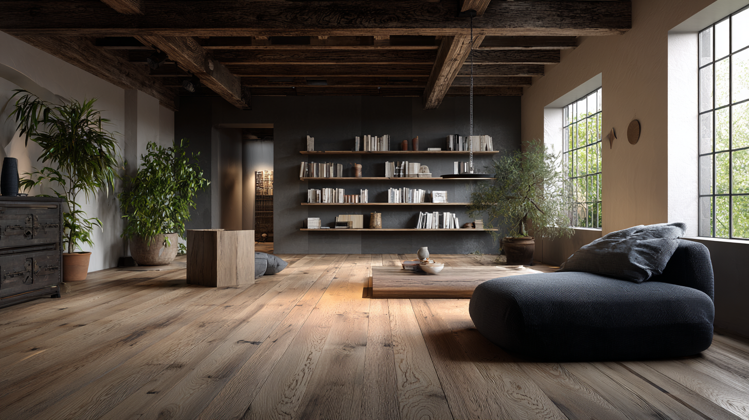 Wohnzimmer mit GraphHeat-Parkett: warmes Holz, integrierte Bodenheizung ohne sichtbare Technik