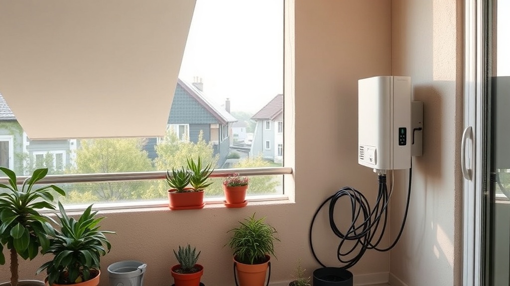 Kabel und Wechselrichter eines Steckersolargeräts sauber am Balkon geführt